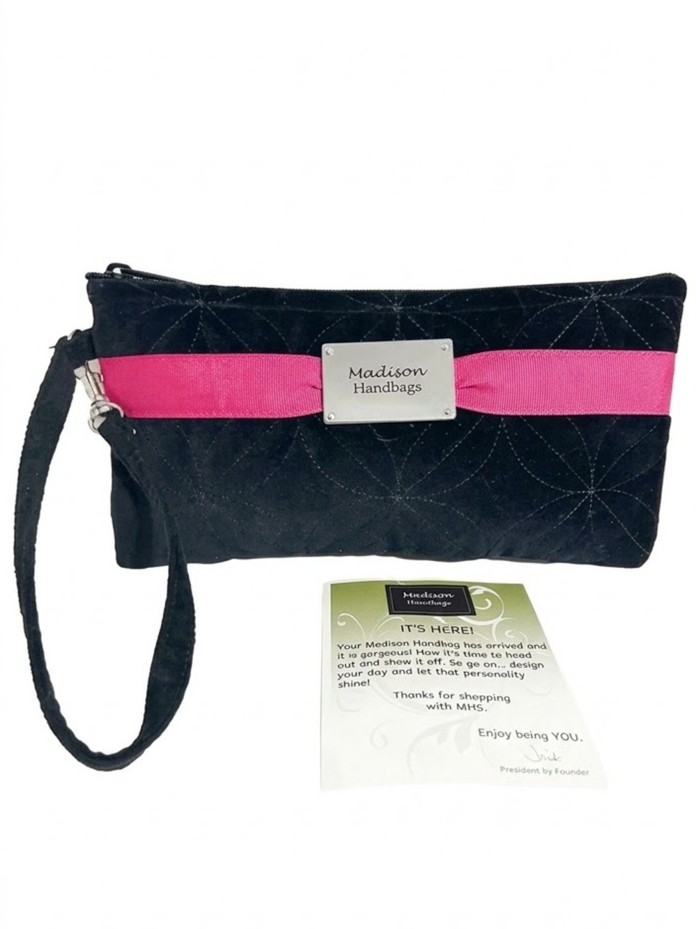 Madison Handbags Black Quilted Velvet-Like Wristlet Pink Ribbon Accent